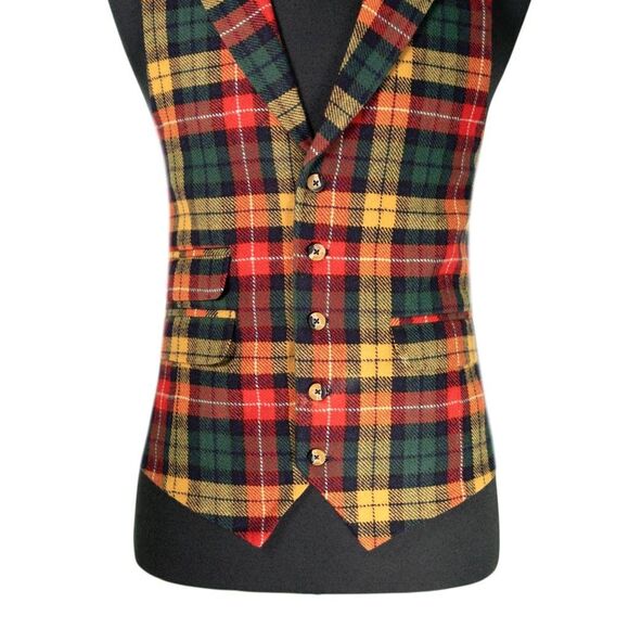 Mens 44R Wool Vest Red Yellow Green Tartan Plaid Waistcoat Formal Wedding Party - Picture 5 of 10